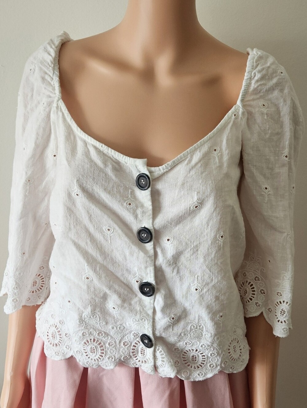 Zara Trf Collection White Eyelet Button-Front Blouse